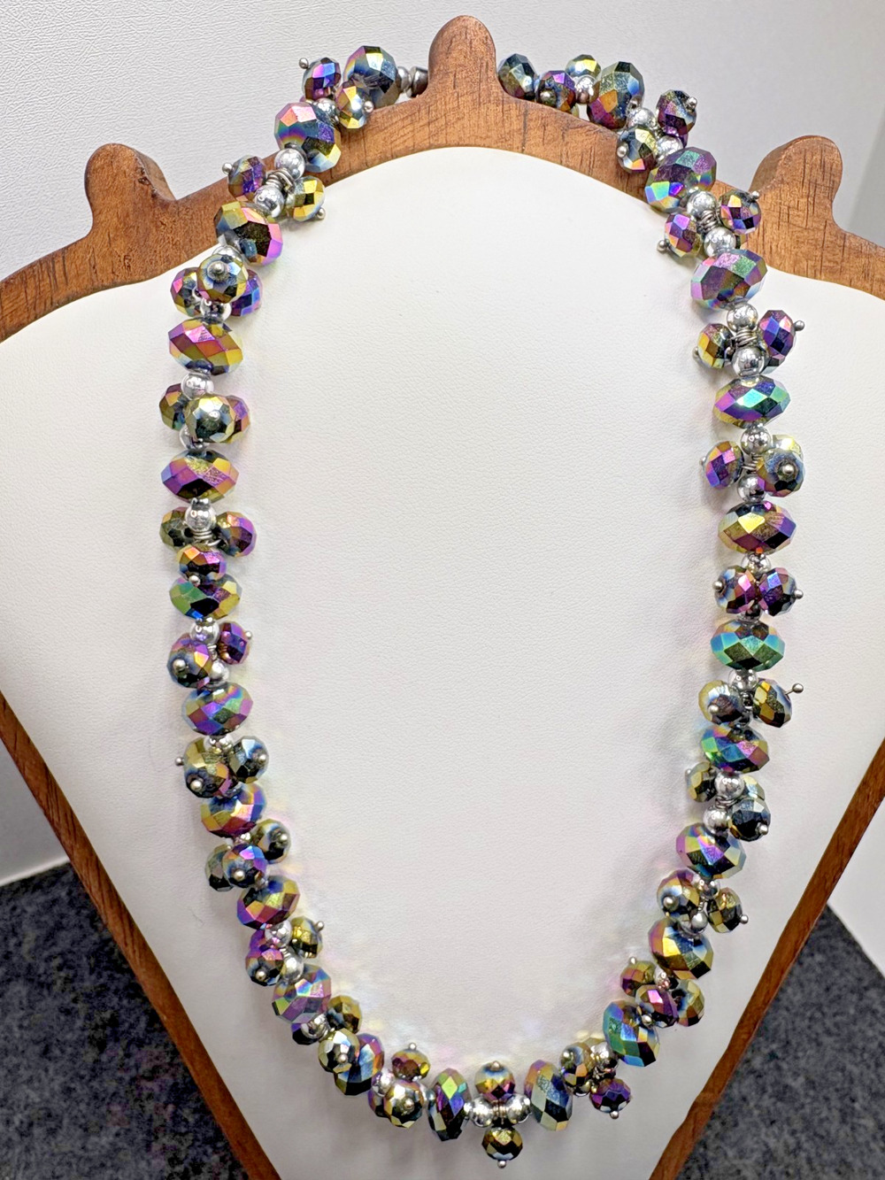 Vintage Aurora Borealis AB Glass Bead Cluster Necklace Iridescent 19.5" Magnetic